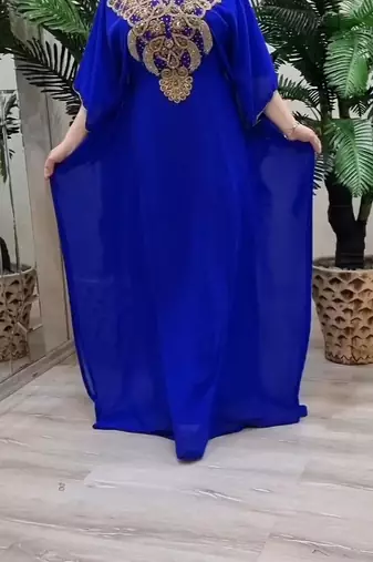 Blue Zari Stone Work Georgette Islamic Style Beads Embedded Partywear Kaftan Long Gown Evening wear Dubai kaftan
