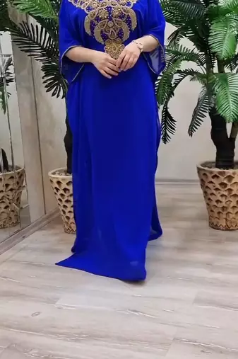 Blue Zari Stone Work Georgette Islamic Style Beads Embedded Partywear Kaftan Long Gown Evening wear Dubai kaftan