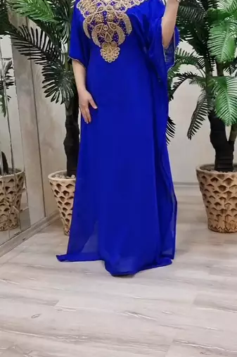 Blue Zari Stone Work Georgette Islamic Style Beads Embedded Partywear Kaftan Long Gown Evening wear Dubai kaftan