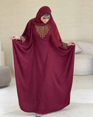 Maroon Zari Stone Work Georgette Islamic Style Beads Embedded Partywear Kaftan Long Gown Evening wear Dubai kaftan 1