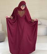 Maroon Zari Stone Work Georgette Islamic Style Beads Embedded Partywear Kaftan Long Gown Evening wear Dubai kaftan
