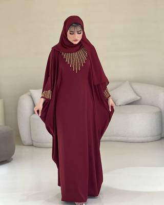 Maroon Zari Stone Work Georgette Islamic Style Beads Embedded Partywear Kaftan Long Gown Evening wear Dubai kaftan 2