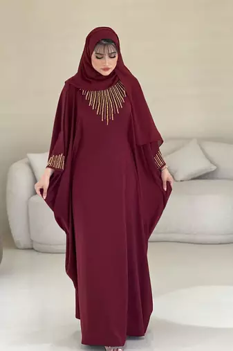 Maroon Zari Stone Work Georgette Islamic Style Beads Embedded Partywear Kaftan Long Gown Evening wear Dubai kaftan