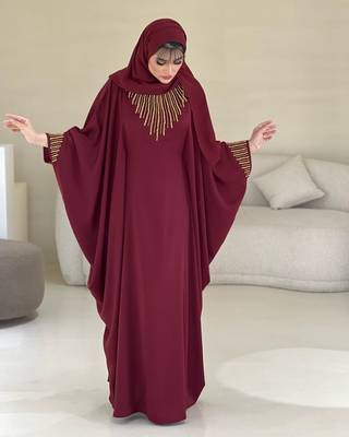 Maroon Zari Stone Work Georgette Islamic Style Beads Embedded Partywear Kaftan Long Gown Evening wear Dubai kaftan 3