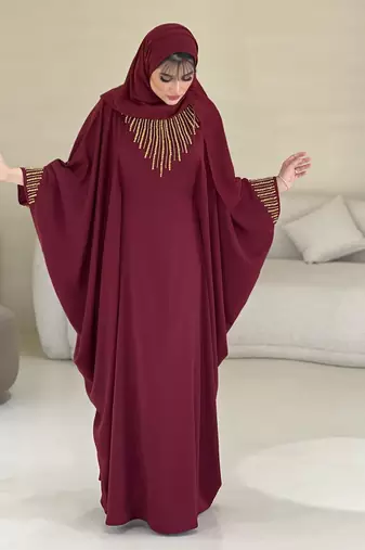 Maroon Zari Stone Work Georgette Islamic Style Beads Embedded Partywear Kaftan Long Gown Evening wear Dubai kaftan