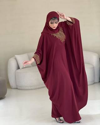 Maroon Zari Stone Work Georgette Islamic Style Beads Embedded Partywear Kaftan Long Gown Evening wear Dubai kaftan 4