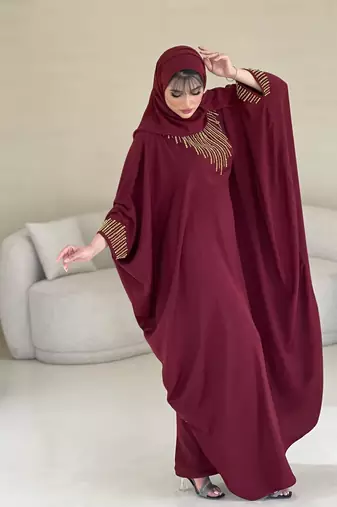 Maroon Zari Stone Work Georgette Islamic Style Beads Embedded Partywear Kaftan Long Gown Evening wear Dubai kaftan