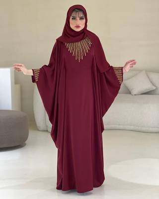 Maroon Zari Stone Work Georgette Islamic Style Beads Embedded Partywear Kaftan Long Gown Evening wear Dubai kaftan 5