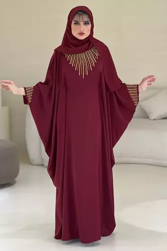 Maroon Zari Stone Work Georgette Islamic Style Beads Embedded Partywear Kaftan Long Gown Evening wear Dubai kaftan