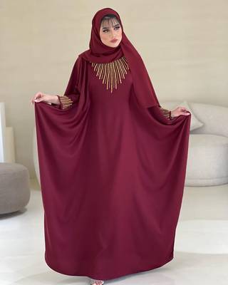 Maroon Zari Stone Work Georgette Islamic Style Beads Embedded Partywear Kaftan Long Gown Evening wear Dubai kaftan 6