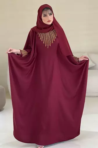 Maroon Zari Stone Work Georgette Islamic Style Beads Embedded Partywear Kaftan Long Gown Evening wear Dubai kaftan