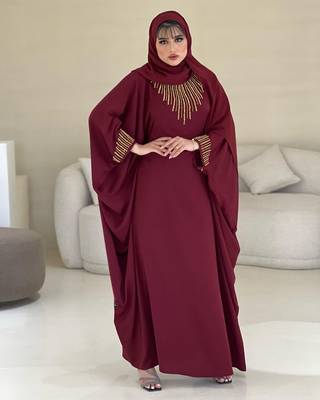Maroon Zari Stone Work Georgette Islamic Style Beads Embedded Partywear Kaftan Long Gown Evening wear Dubai kaftan 7