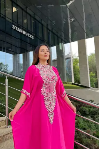 Red Zari Stone Work Georgette Islamic Style Beads Embedded Partywear Kaftan Long Gown Evening wear Dubai kaftan