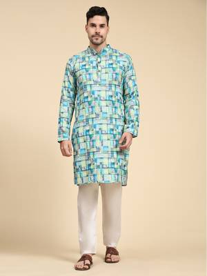 Multicolor digital print with sequins rayon stitched mens kurta 1