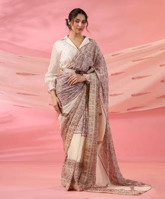 Gulposh Drape Saree Set with Hand-Embroidered Blouse and Belt 1