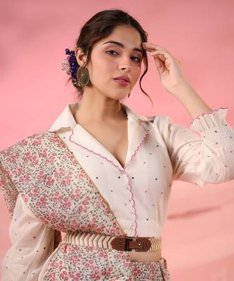 Gulposh Drape Saree Set with Hand-Embroidered Blouse and Belt 3