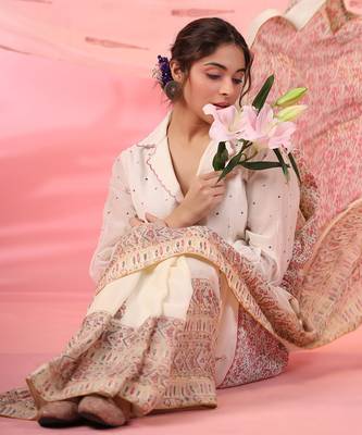 Gulposh Drape Saree Set with Hand-Embroidered Blouse and Belt 5