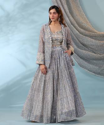 Blue Ivory Lehenga Set with Embellished Blouse and Block Print Dupatta 1