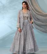 Blue Ivory Lehenga Set with Embellished Blouse and Block Print Dupatta