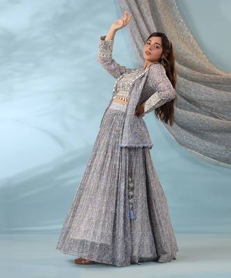 Blue Ivory Lehenga Set with Embellished Blouse and Block Print Dupatta 2