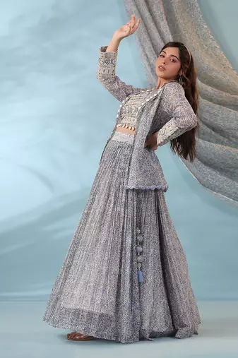 Blue Ivory Lehenga Set with Embellished Blouse and Block Print Dupatta