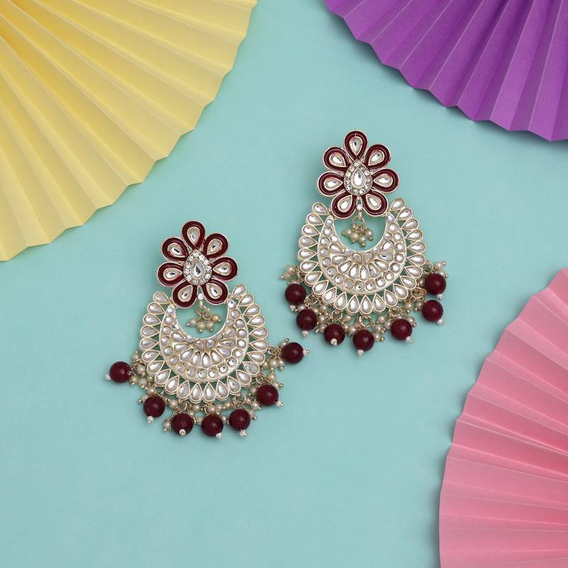 Maroon color kundan meena earrings