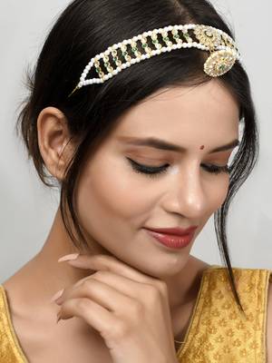 Gold plated kundan & green stone studded matha patti 2