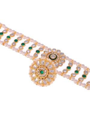 Gold plated kundan & green stone studded matha patti 3