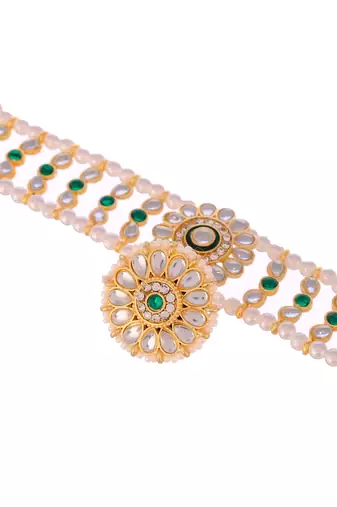 Gold plated kundan & green stone studded matha patti