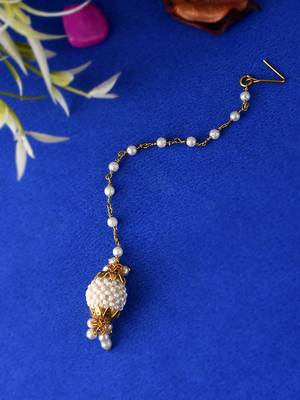 Gold plated white pearl beaded borla maang tikka 1