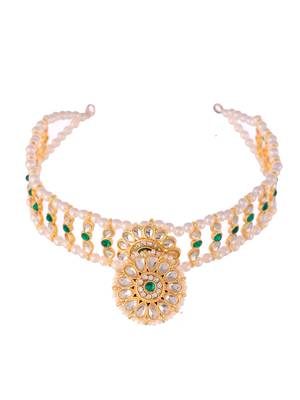 Gold plated kundan & green stone studded matha patti 4