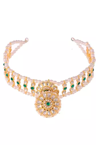 Gold plated kundan & green stone studded matha patti