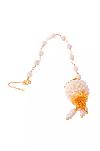 Gold plated white pearl beaded borla maang tikka