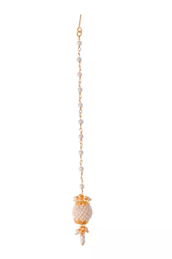 Gold plated white pearl beaded borla maang tikka