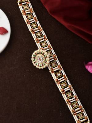 Gold plated red green kundan pearl studded meenakari matha patti 1