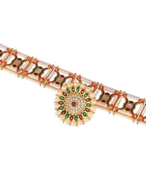 Gold plated red green kundan pearl studded meenakari matha patti 3
