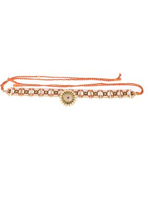 Gold plated red green kundan pearl studded meenakari matha patti 4