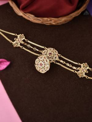 Gold plated pink cubic zirconia stone studded handcrafted head chain with borla 1