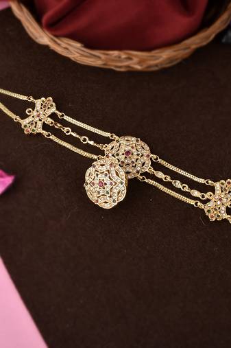 Gold plated pink cubic zirconia stone studded handcrafted head chain with borla