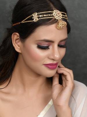 Gold plated pink cubic zirconia stone studded handcrafted head chain with borla 2