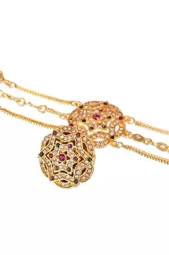Gold plated pink cubic zirconia stone studded handcrafted head chain with borla