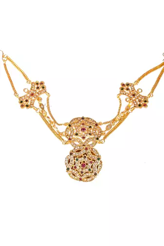 Gold plated pink cubic zirconia stone studded handcrafted head chain with borla