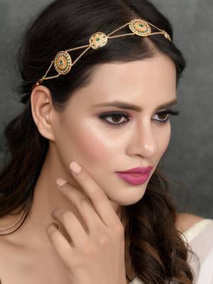 Gold plated green cubic zirconia stone studded handcrafted head chain 2