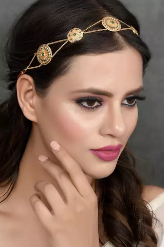 Gold plated green cubic zirconia stone studded handcrafted head chain