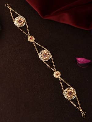 Gold plated pink cubic zirconia stone studded handcrafted head chain 1