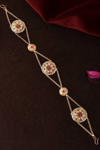 Gold plated pink cubic zirconia stone studded handcrafted head chain