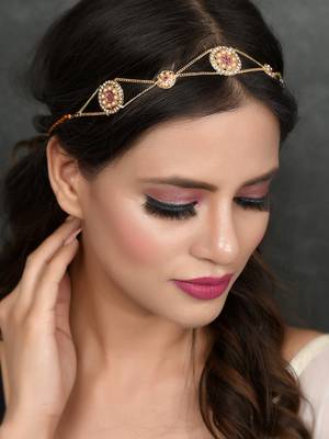 Gold plated pink cubic zirconia stone studded handcrafted head chain 2