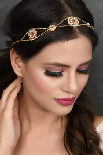 Gold plated pink cubic zirconia stone studded handcrafted head chain