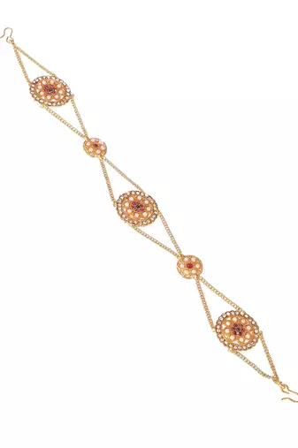 Gold plated pink cubic zirconia stone studded handcrafted head chain
