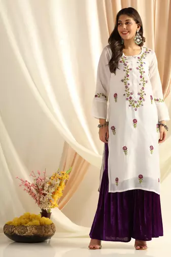 Shades chikankari kota kurti with purple and green work